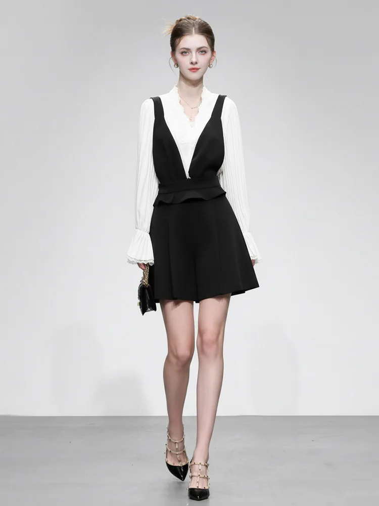 

Весенний модный комплект 2026: блузка с рукавами-фонариками и V-образным вырезом, короткая юбка с высокой талией, женский повседневный комплект с длинными рукавами и высокой талией.