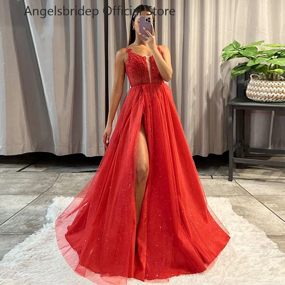 

Angelsbridep Red Glitter Tulle V-neck A-line Prom Dresses Spaghetti Straps Lace Appliques Leg Slit Robes De Soirée Party Dresses