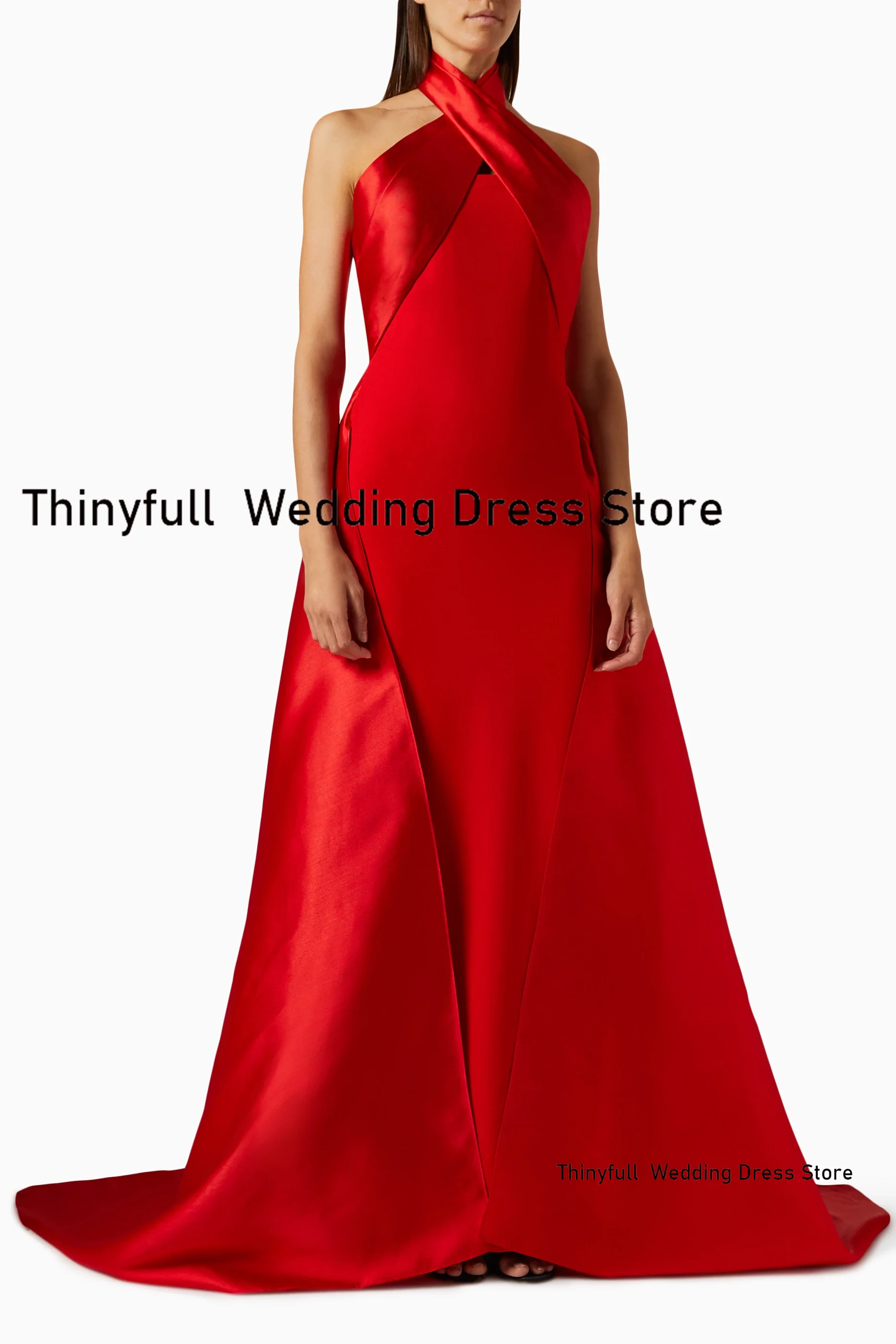 Thinyfull Red Satin Mermaid Prom Dresses Halter Sleeveless Evening Party Gown Outfit Dubai 2024 Formal Occasion Dress