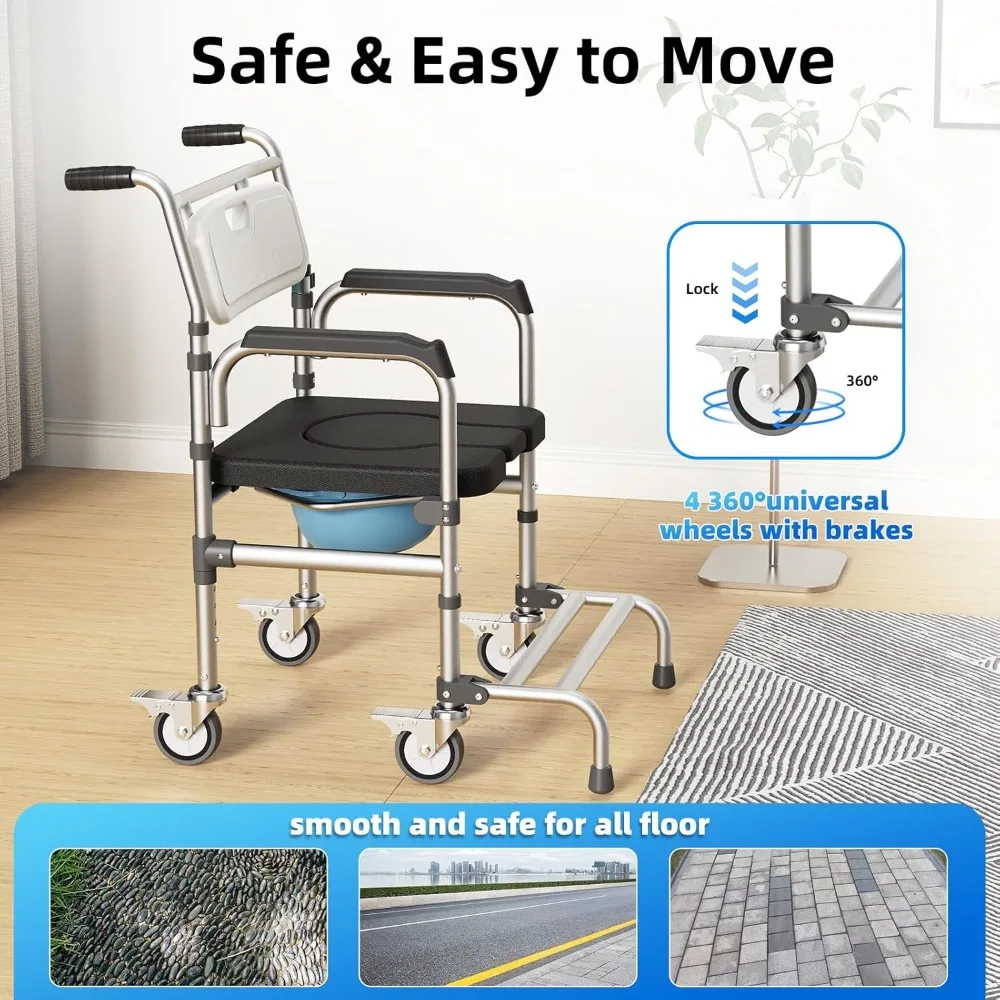 Health & Household 4 in 1 Rolling Bedside Commode Chair with Wheels for Elderly, Shower Chair with Handles