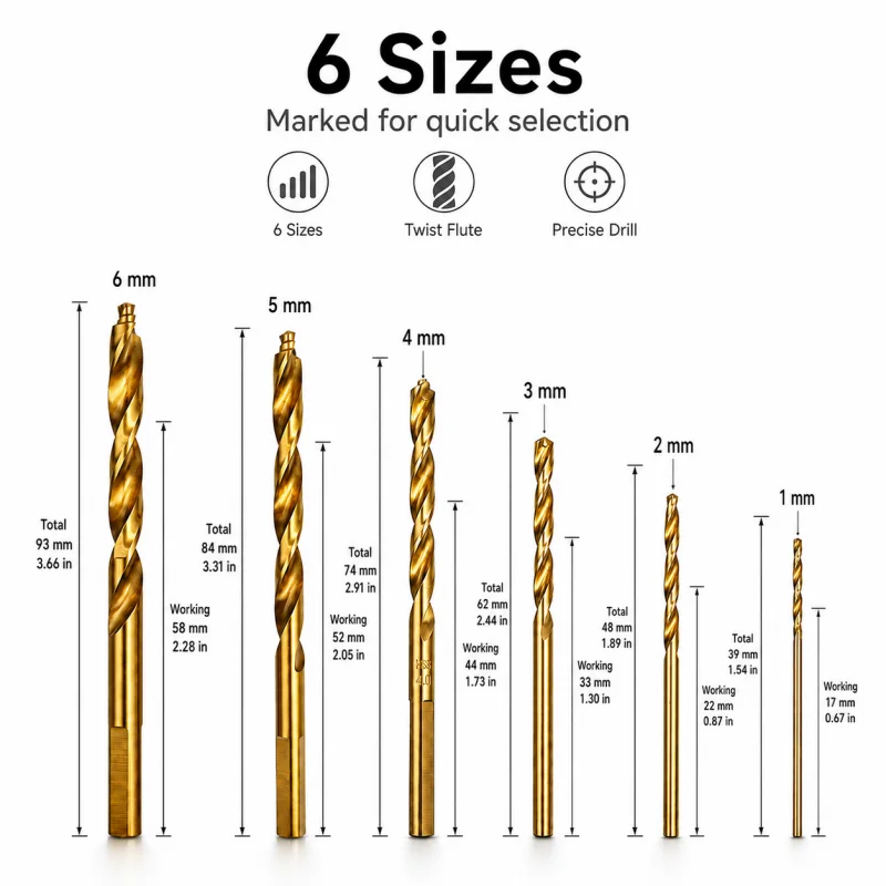 6Pcs Titanium HSS Twist Drill Bit Set 1‑6mm Flat Hex Shank with Storage Case for Wood Metal Plastic DIY