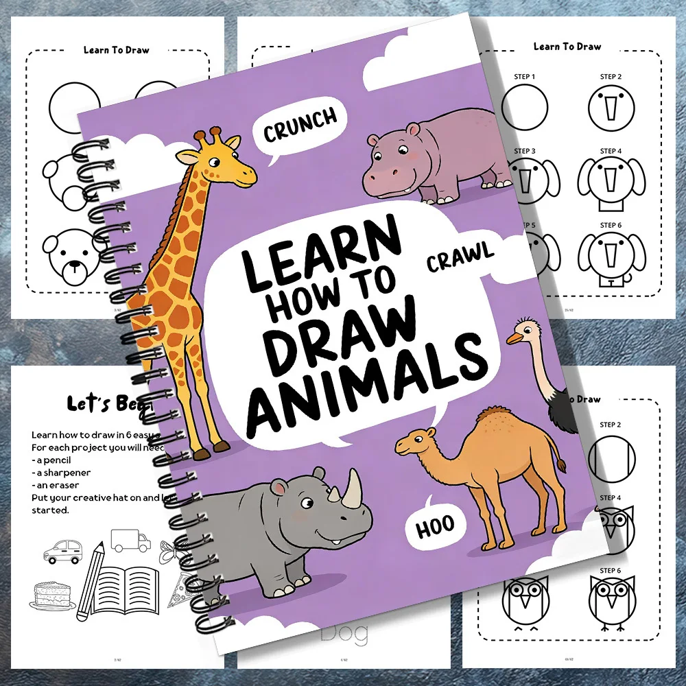 1 PC Interessante taccuino di storie a tema animali con punte di disegno, elementi crunch crawl hoo, adatto per la casa, ideale per gli appassionati d'arte