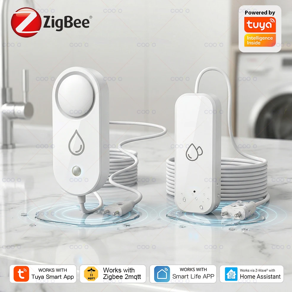Tuya Zigbee Water Leak Detector Smart Water Sensor with Probe, 110dB Audio Alarm Rapid Leak Detection for Home Kitchen Bathroom