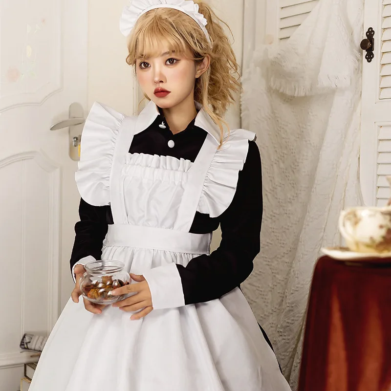 Japanese Cute Daily Dress Black White Traditional Maid Long Skirt Crossdress Outfit — Halloween Cosplay