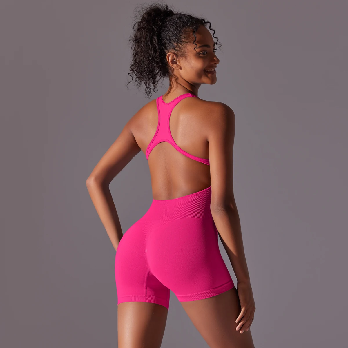 Hamidou Backless Yoga Bodysuit Shorts Set Solid Color Sexy Buttocks Sports Workout Playsuit One Piece Yoga Suit Shorts