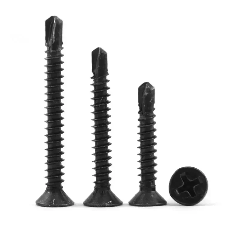 10pcs Black Carbon Steel Countersunk Cross Self-Drilling Screw - Size 3.5x25/38/50mm, Ideal Drilling Screw for Secure Fastening