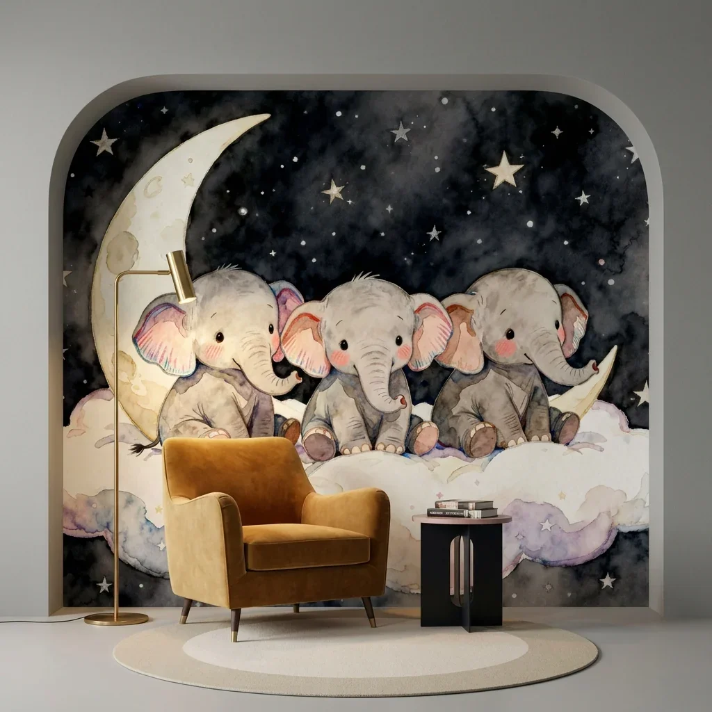 Customized Wallpaper Midnight Starry Sky Dream Mural Three Watercolor Elephants on the Moon Luxury Children's Room 3d Mural