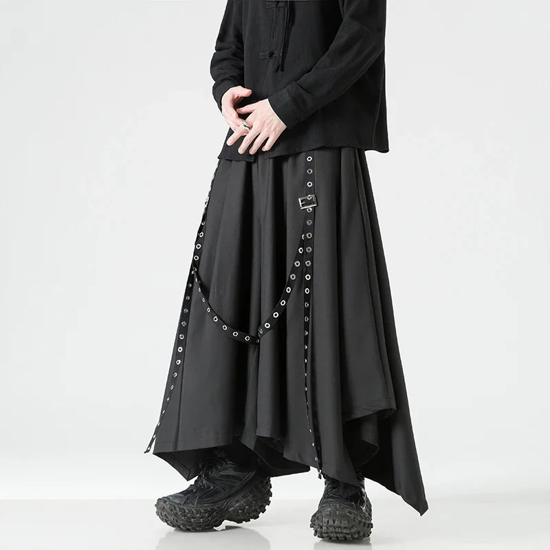 

2023 Men Ribbon Black Wide Leg Pants Male Women Chinese Style Streetwear Punk Gothic Harem Trousers Men Kimono Skirt Pants