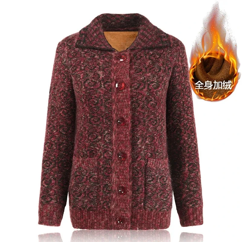 Middle-Aged Elderly Women\'s Knitted Sweater Cardigan Lapel Add Velvet Thick Sweater Loose Long-Sleeved Autumn Winter Coat Tops