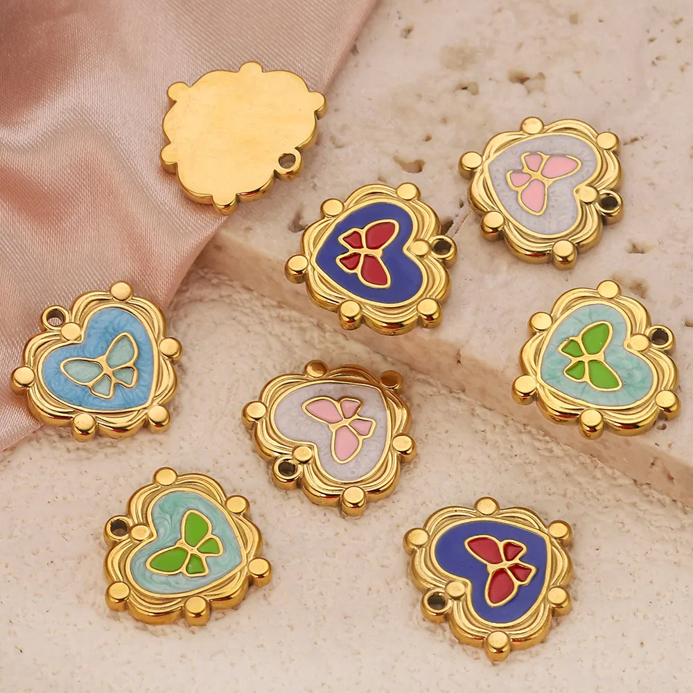 5pcs Stainless Steel Charm Gold-plated Heart Butterfly Enamel DIY Necklace Bracelet Earrings Keychain Jewelry Making Accessories
