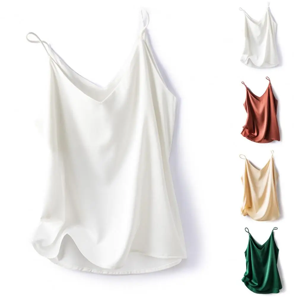 

Stretchy T-shirt Elegant V-neck Satin Camisole Loose Fit Tank Top Women's Imitation Silk Blouse Stylish Solid Color for Summer