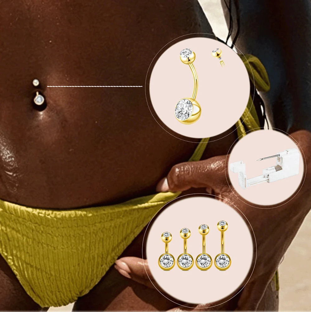 Gold Belly Button Piercing Kit – 14G Hypoallergenic Navel Ring Set With Gun, Zodiac Astrology Jewelry For Summer Beach Vacation