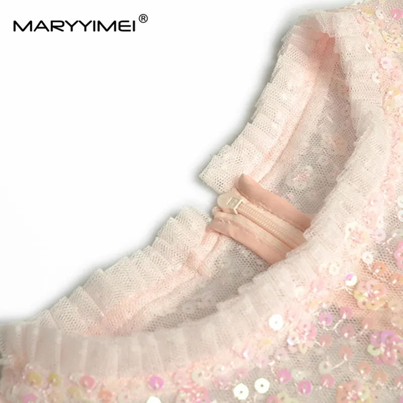 MARYYIMEI Fashion Autumn Winter Women\'s Ball Gown dress Long sleeved Mesh Sequin Tiered ruffles Elegant Party Maxi Dresses