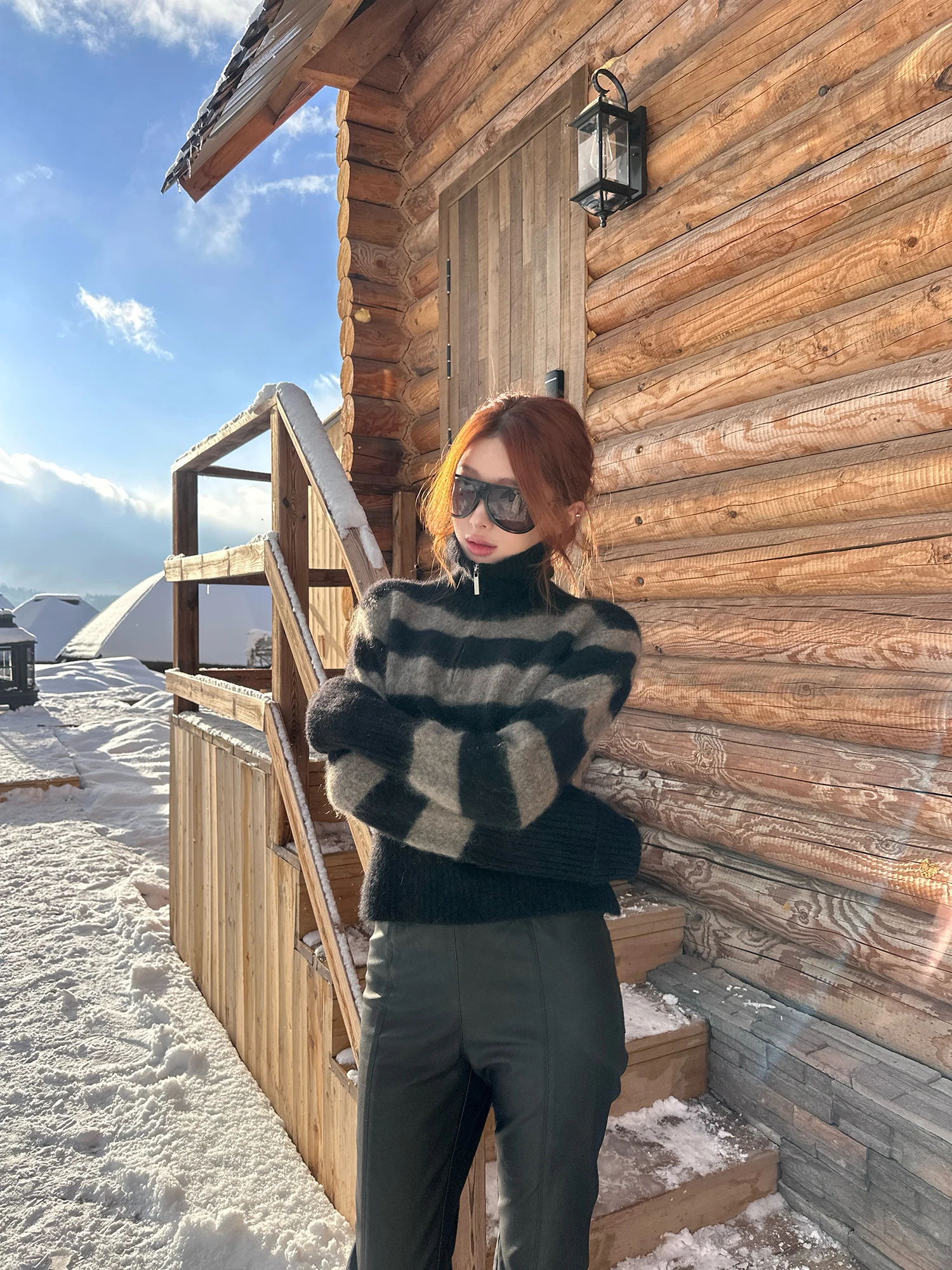

FORNIYOYO Persian Stripe f Zip Mohair Wool Knitted Sweater Women's Loose Fit Long Sve High Collar Winter Faion