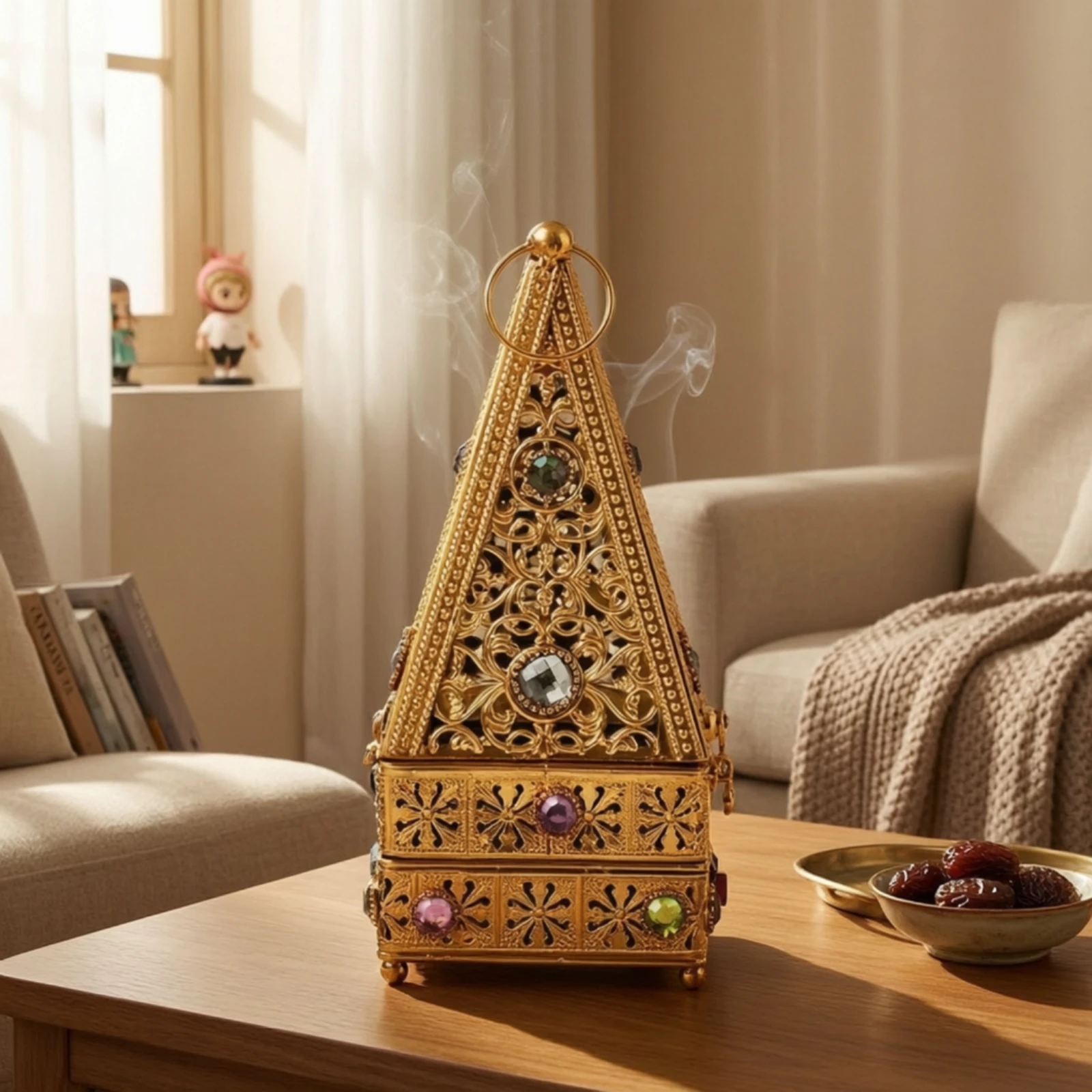 Metal Incense Burner with Scoop Ornate Pyramid Incense Burner Censer Decorative Decor Hollow-out for Meditation Practitioners