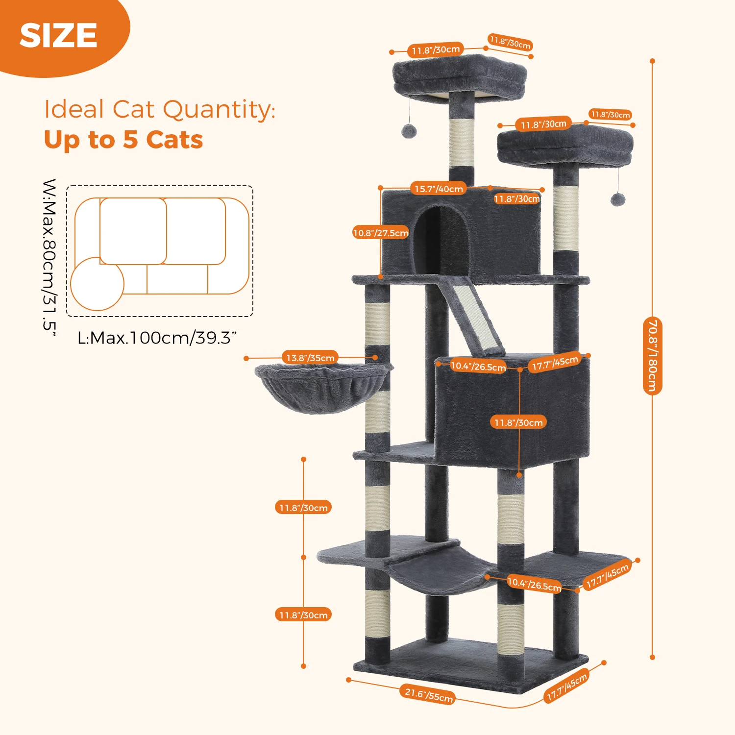 Cat Tree, 71-Inch Large Cat Tower with 8 Scratching Posts, 2 Perches, 2 Caves, Basket, Hammock, Pompoms, Multi-Level Plush Cat C