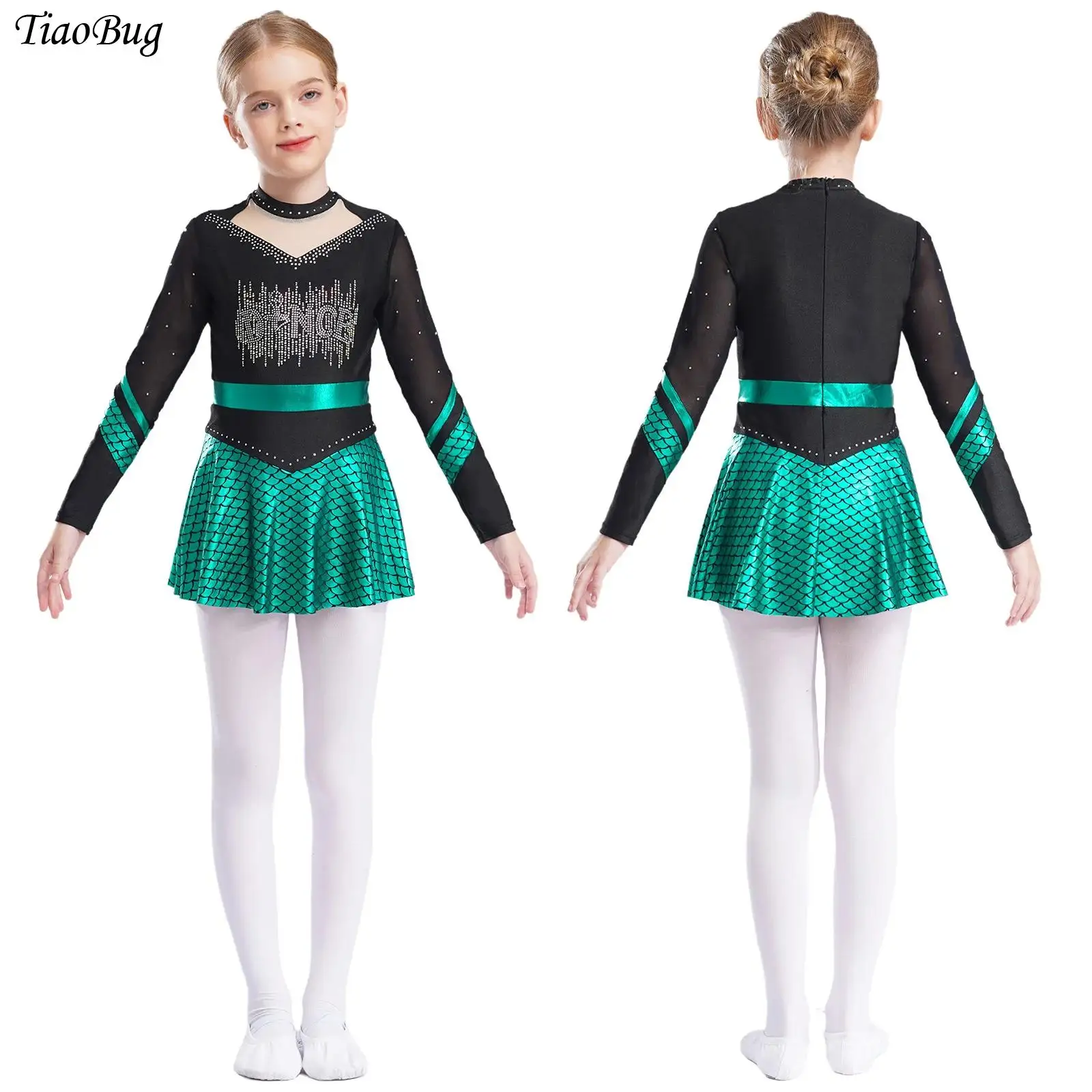 Crianças meninas cheerleading dança traje patinação artística vestido metálico escamas de peixe brilhante strass vestido sereia trajes cosplay