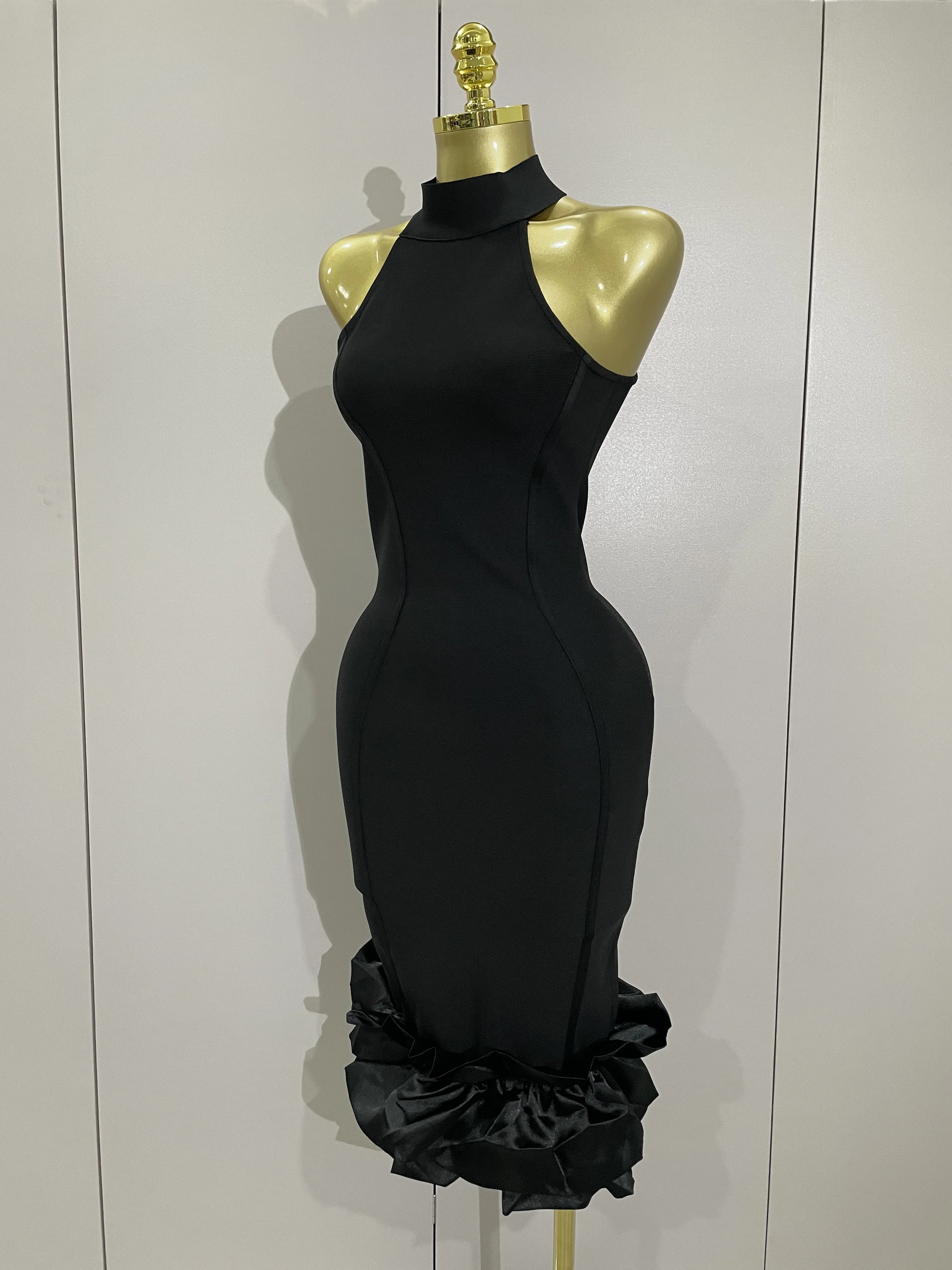 Sexy High Collar Ruffle Black Sheath Sleeveless Bandage Dress 2025 Women Elegant Formal Party Prom Gown Luxury Birthday Dresses