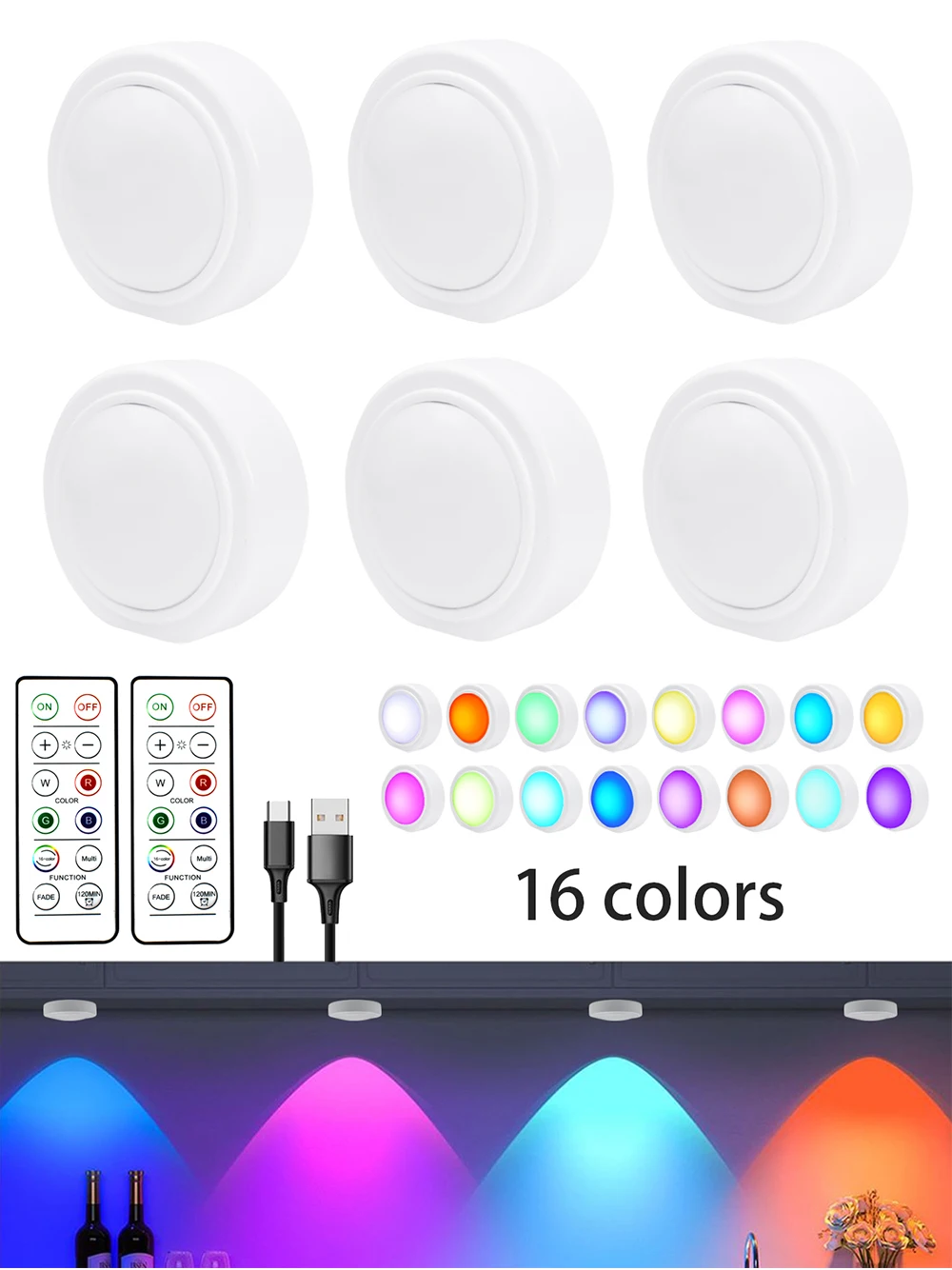 3/6 PCS LED Puck Light RGB 16 Colors Dimmable Under Cabinet Light USB Rechargeable Wine Cabinet Light with Remote Control