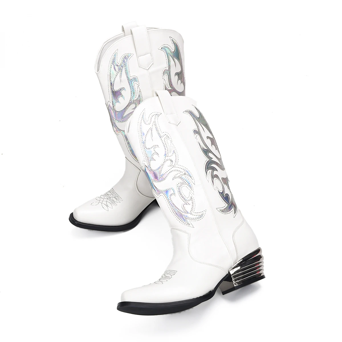 Heren en dames Middeleeuwse retro cowboy geborduurde lovertjeslaarzen Dikke hak Mid-tube laarzen Halloween Party Cosplay Ridderlaars