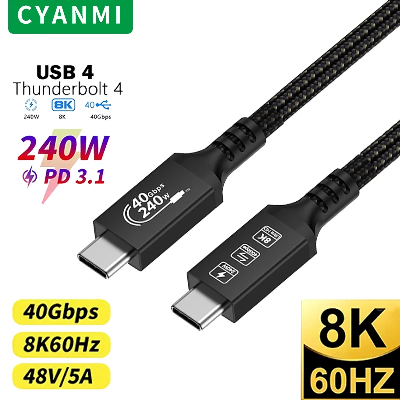 USB4 Cable 40Gbps Thunderbolt 4 Type C 8K60Hz 240W Fast Charging Cable Thunderbolt3 USB C to USB C Data Cable For  iPhone 15 Pro