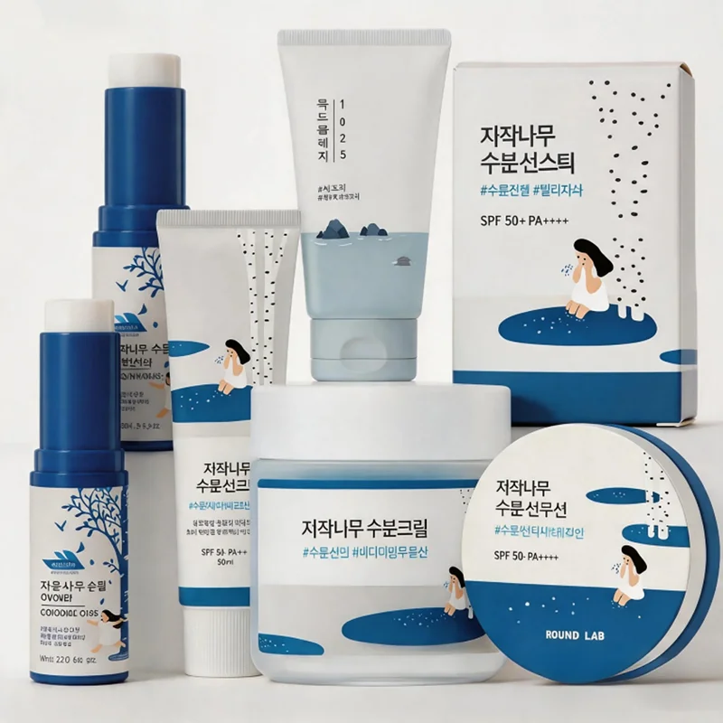 Set de Cuidado de la Piel ROUND LAB Birch Juice Coreano, Barra Solar Hidratante/Crema Contorno de Ojos con Retinol/Hidratante/Reparador de Barrera Cutánea