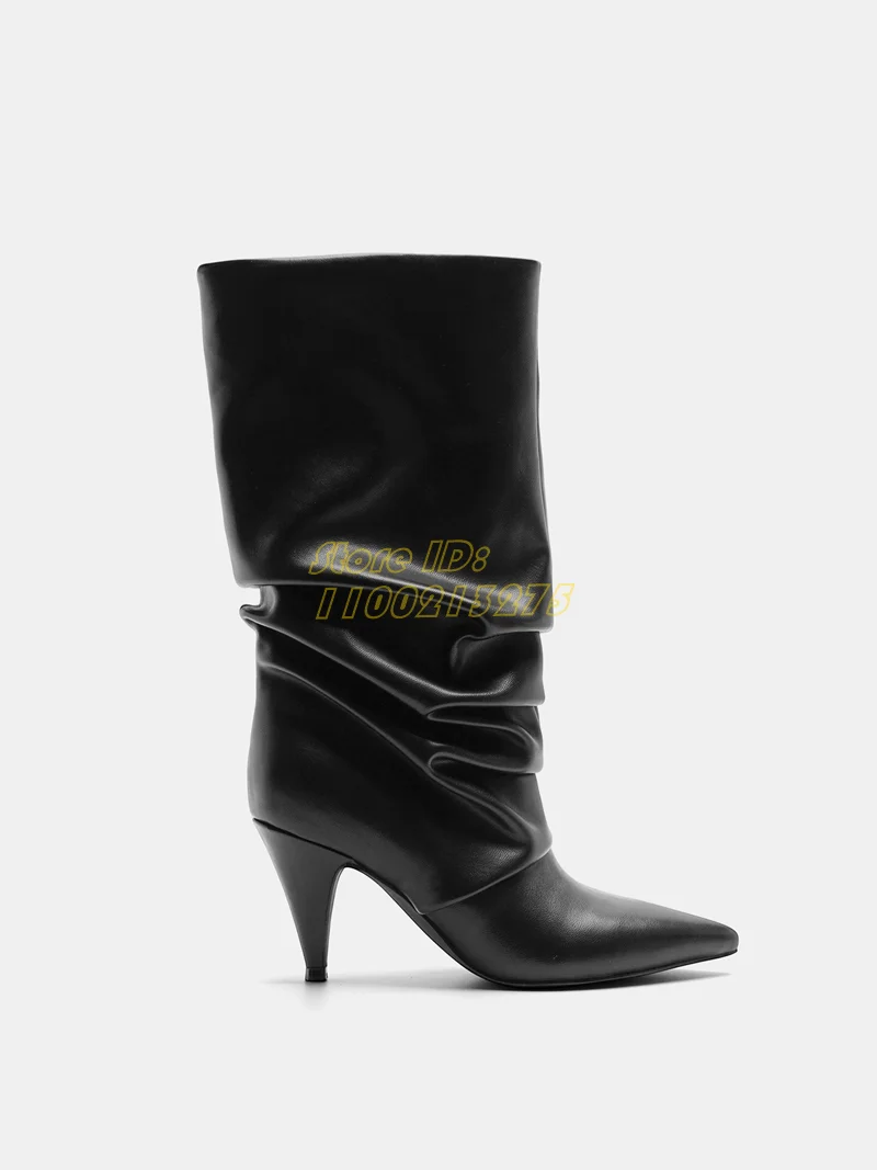 مطوي مدبب تو الأحذية الجلدية الانزلاق على مترهل اليدوية موضة 2026 الشتاء الخريف النساء فستان أحذية سبايك الكعوب