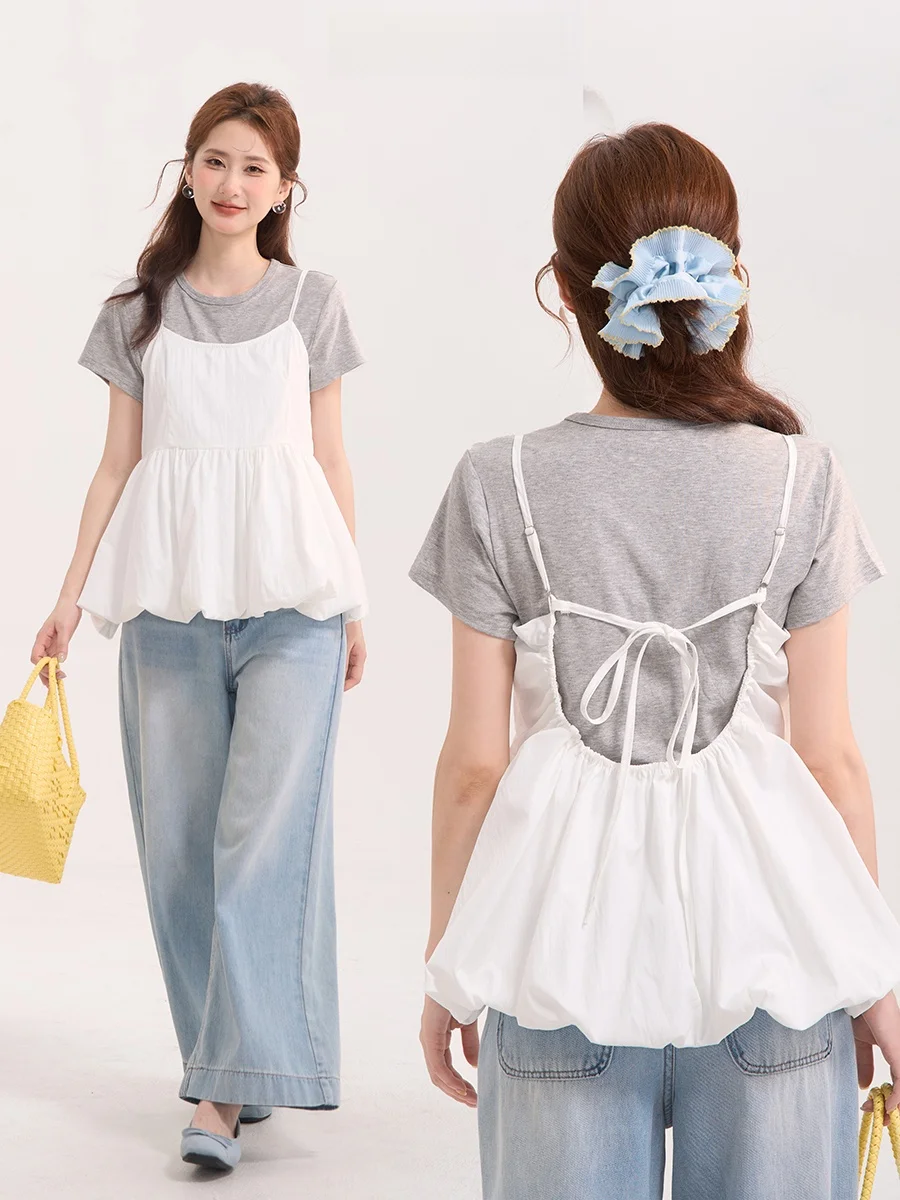 

Комплект из футболки и жилета Bubble Girl ort Sve, повседневный свободный крой, хлопковый летний наряд для молодых женщин, цветочное полевое окно