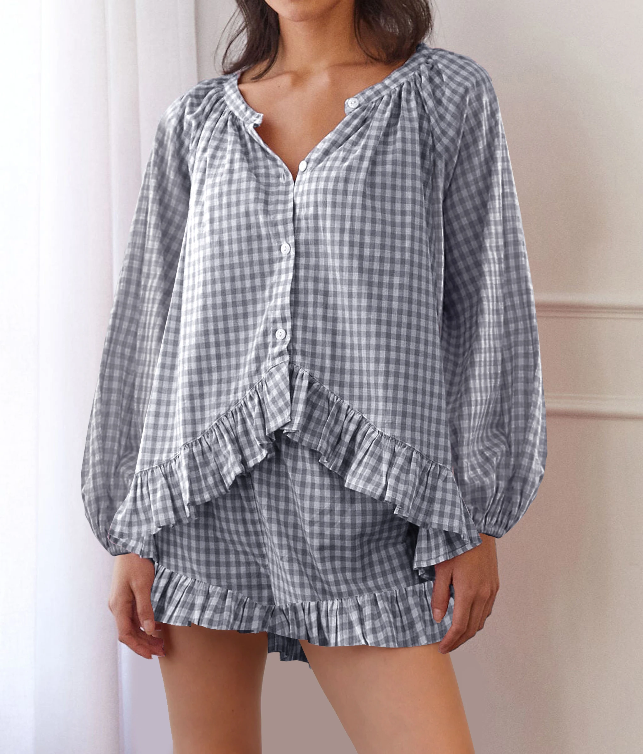 GuliriFei Women’s 2 Piece Pajama Set Short Sleeve Plaid Print Button Up Shirt Blouse + Ruffle Pants Set Sleepwear Loungewear