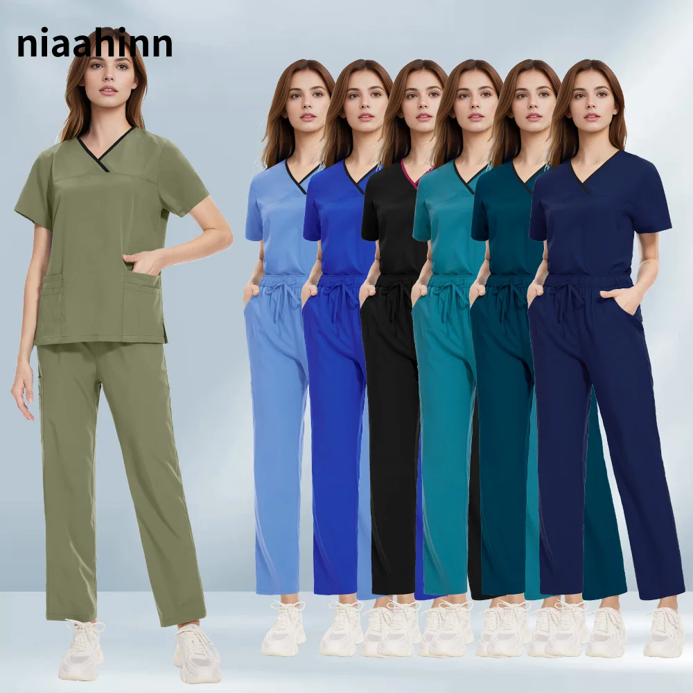 Niaahinn Scrub Uniforms Suit Short Sleeve V-neck  Nursing Tops+Pants Women Multicolor Pet Doctor Scrubs Uniform Medical Workwear