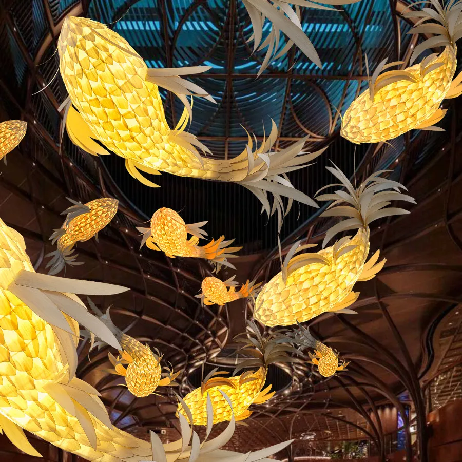 Designer fish-shaped chandeliers, Japanese sushi restaurant atmosphere
