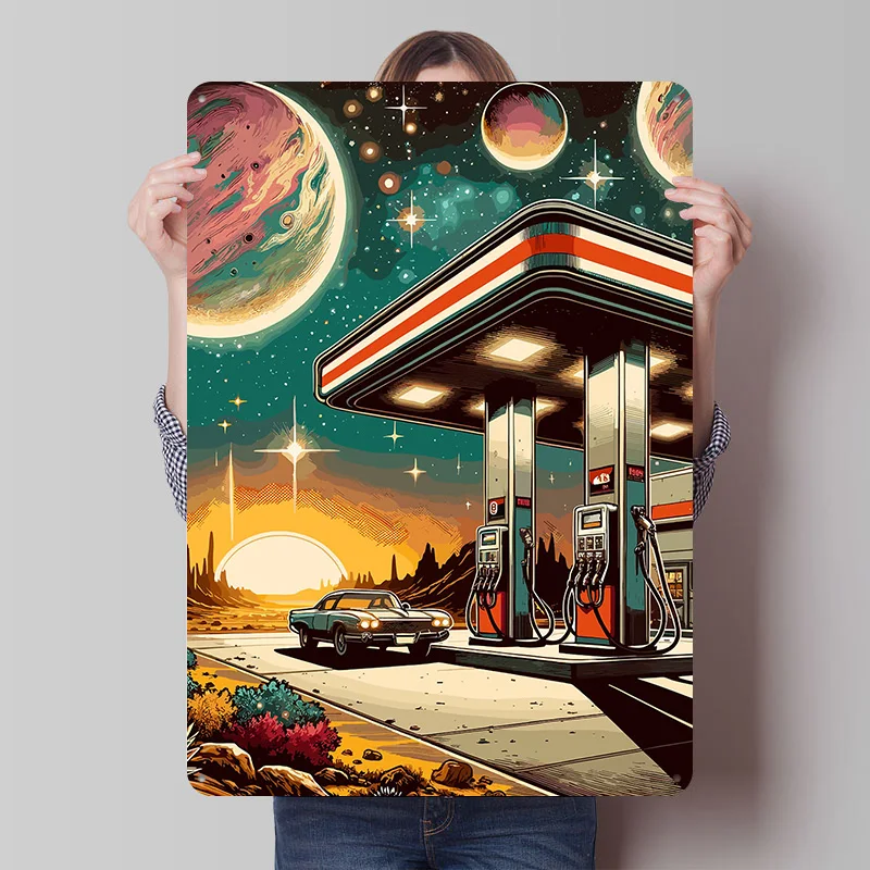 Weltraum-Tankstelle Auto-Poster, personalisierte Wandkunst, Retro-Vintage-Metallschilder für Garage, moderne Heimdekoration, Schlafzimmer