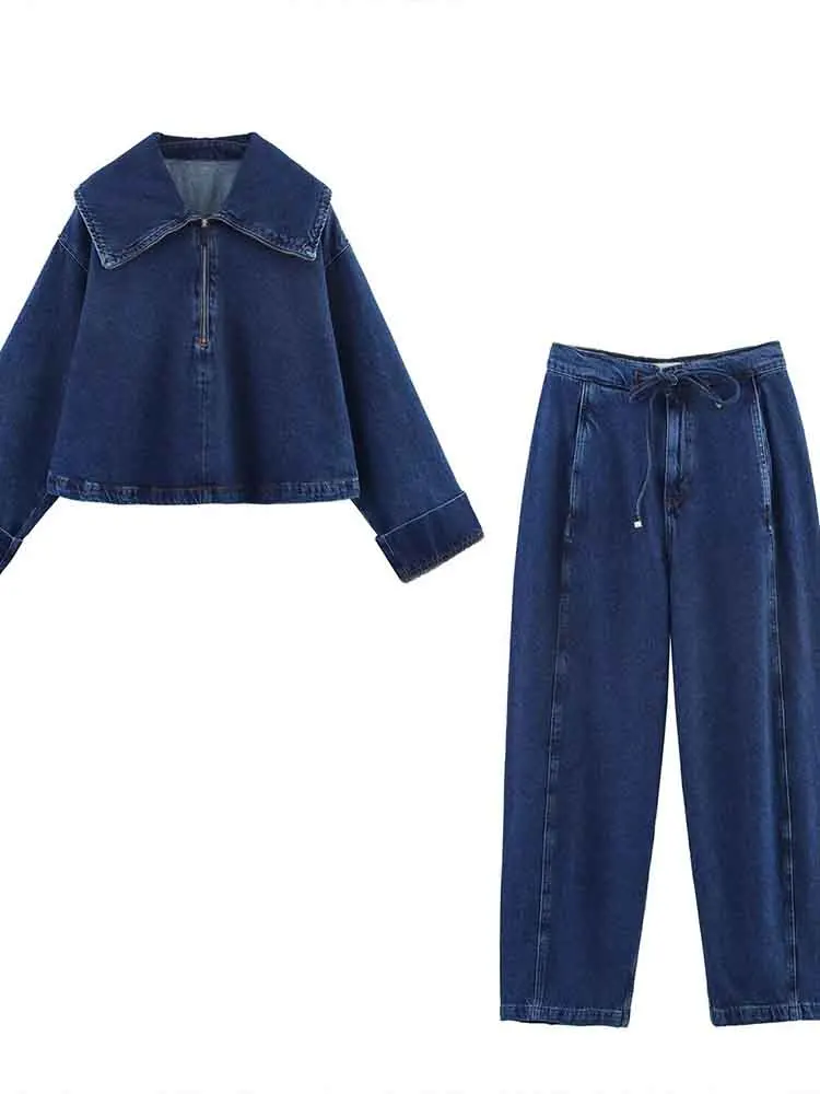 

European style new women's fashion versatile simple zipper denim short jacket coat lace-up high waist jeans suit