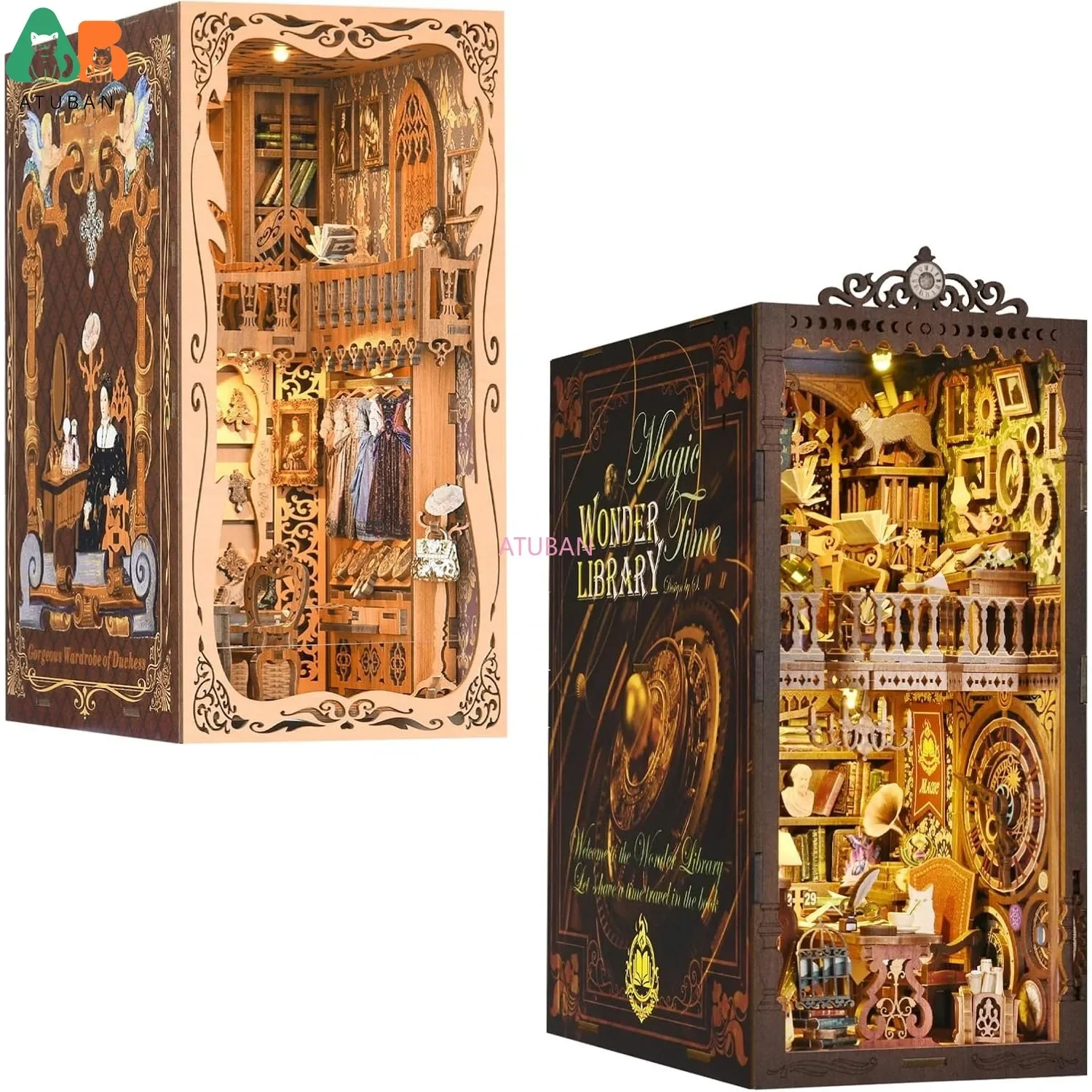 

ATUBAN DIY Book Nook Kits, 3D Wooden Puzzles Bookshelf Insert Decorative Bookend Model Kits with LED,DIY Diorama Dollhouse Kit