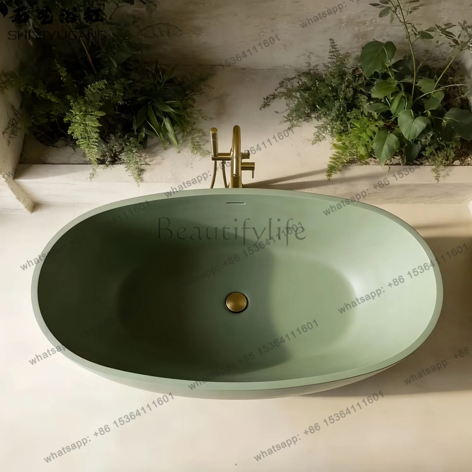 Olive Green Oval Artificial Stone Bathtub Homestay Hotel Freestanding Bath