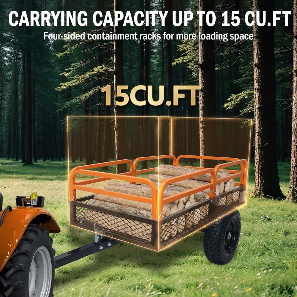頑丈なスチール製ユーティリティトレーラー、15立方フィート、トラクター、芝刈り機、庭の運搬に適したATVダンプトレーラー