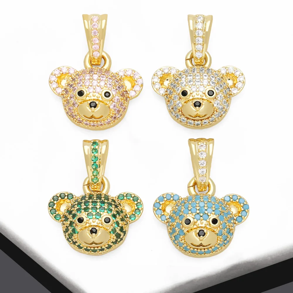 OCESRIO Multicolor Crystal Bear Head Pendant for Necklace Copper Gold Plated Cute Animal Jewelry Making Supplies pdtb188