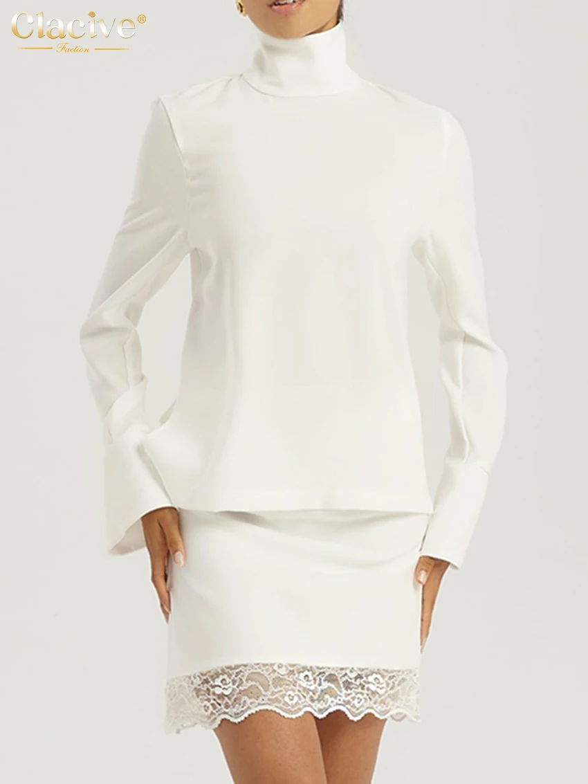 

Clacive Fashion Loose White 2 Pieces Set For Woman 2026 Elegant Long Sleeve Shirt With High Waist Mini Skirt Set Female Clothing