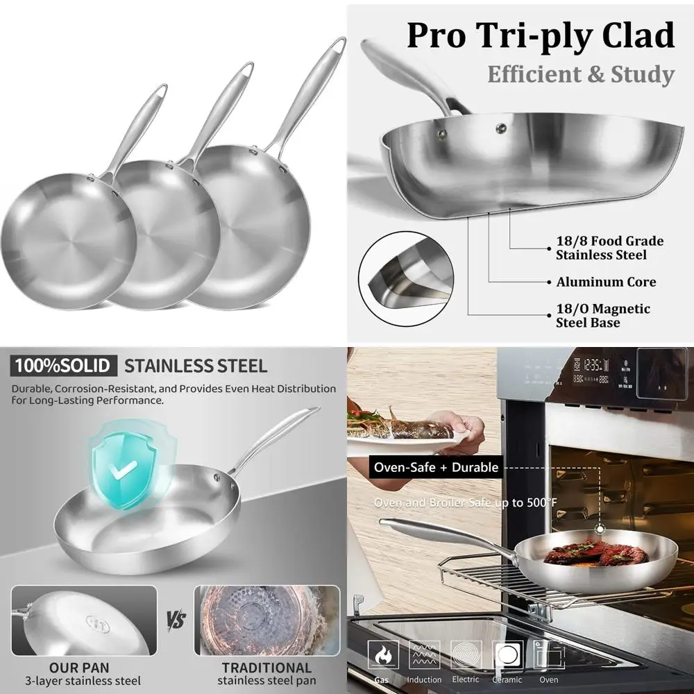 

Tri-Ply Stainless Steel Frying Pan Set - 8.5 to 12 Inch Skillets, Induction Cookware, Oven & Dishwasher Safe, Non-Stick Surface