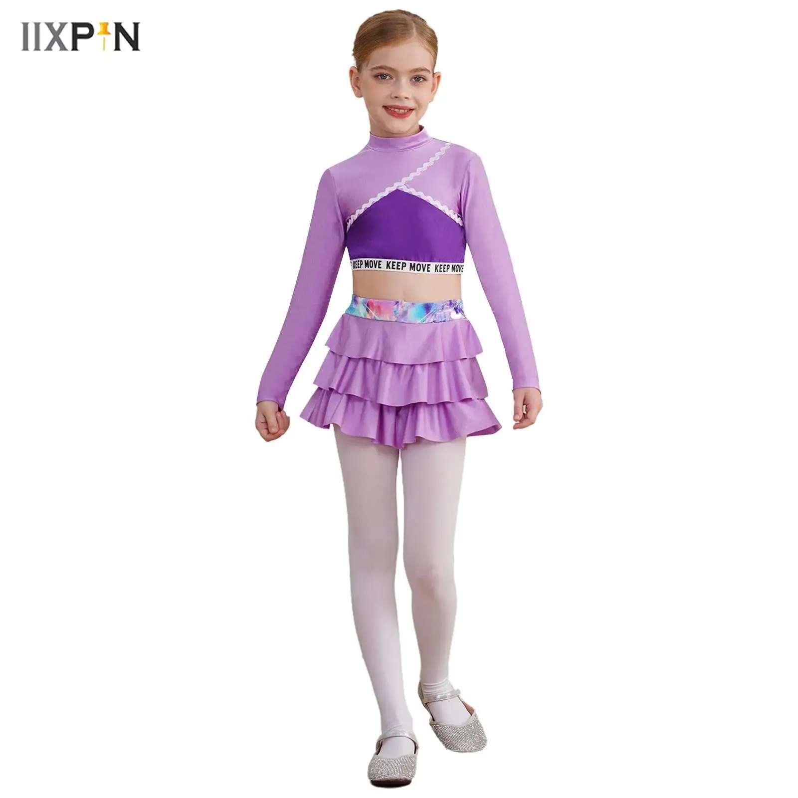 

Kids Girls 2 Pieces Athletic Outfit Figure Sakting Jazz Dancewear Long Sleeve Crop Top with Skirt Set Tennis Golf Sportswear