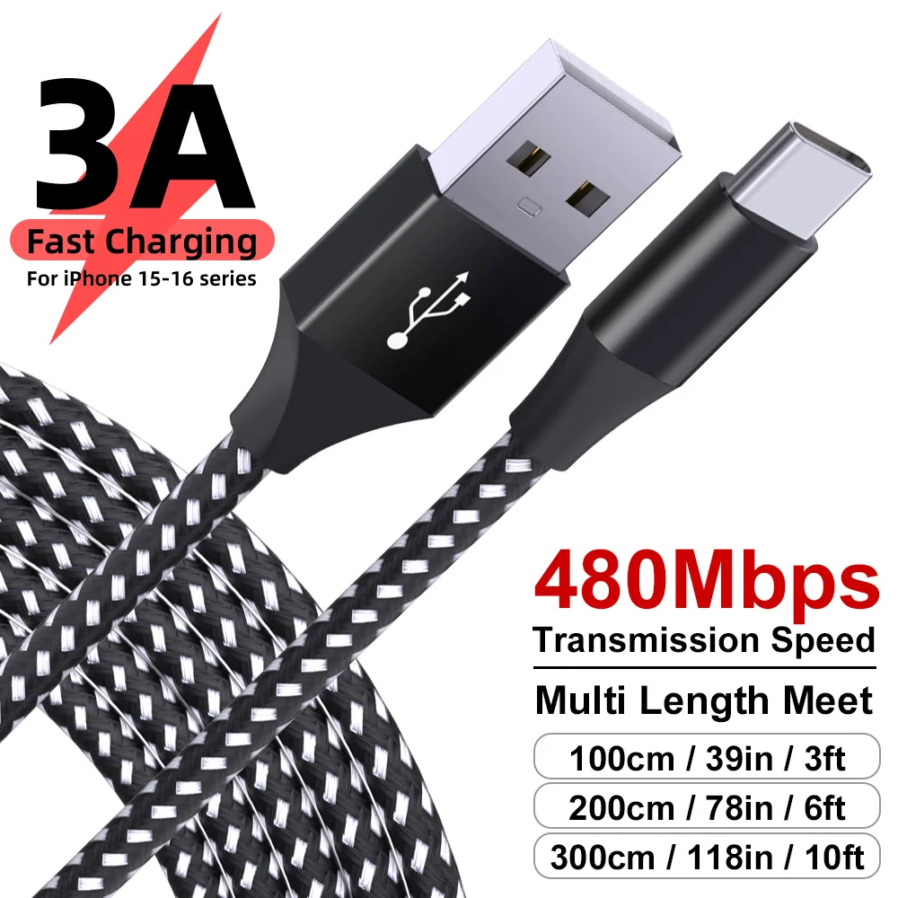 3 Pack USB A to USB C Nylon Braided Fast Charging Cable Data Sync Cord 1M 2M 3M for Samsung Google Pixel LG Sony Oppo Moto