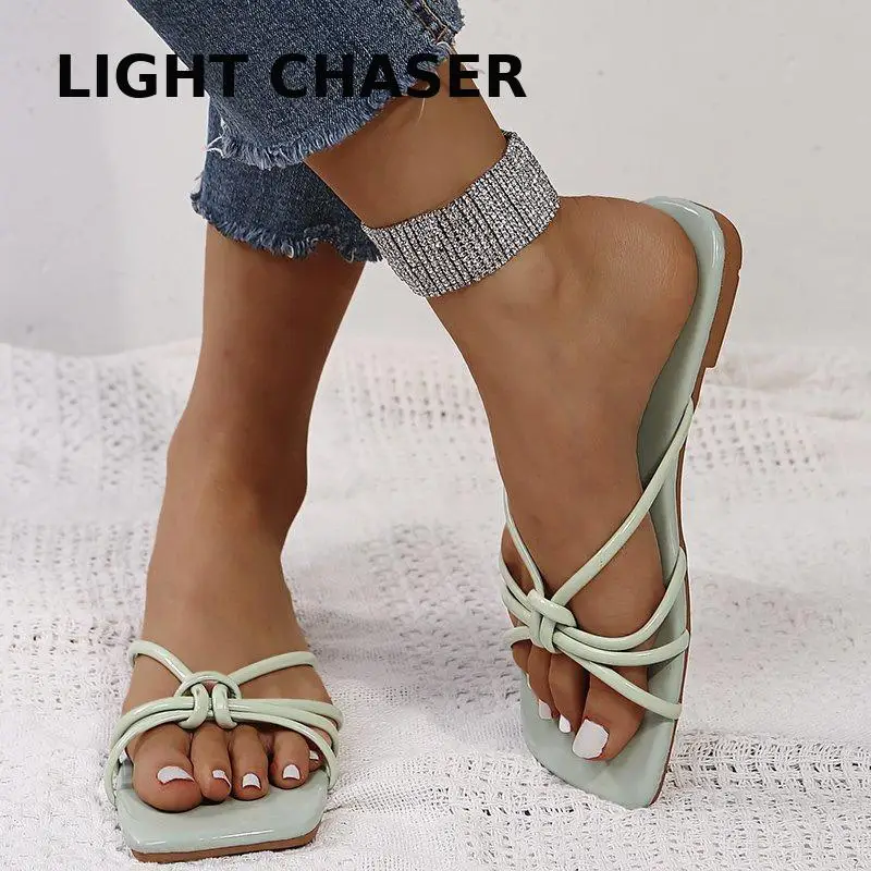 Summer New Woven Slippers Women's Flat-bottomed Square Toe Open-toe Solid Color One-word Buckle Women's Slippers Beach Shoes 43