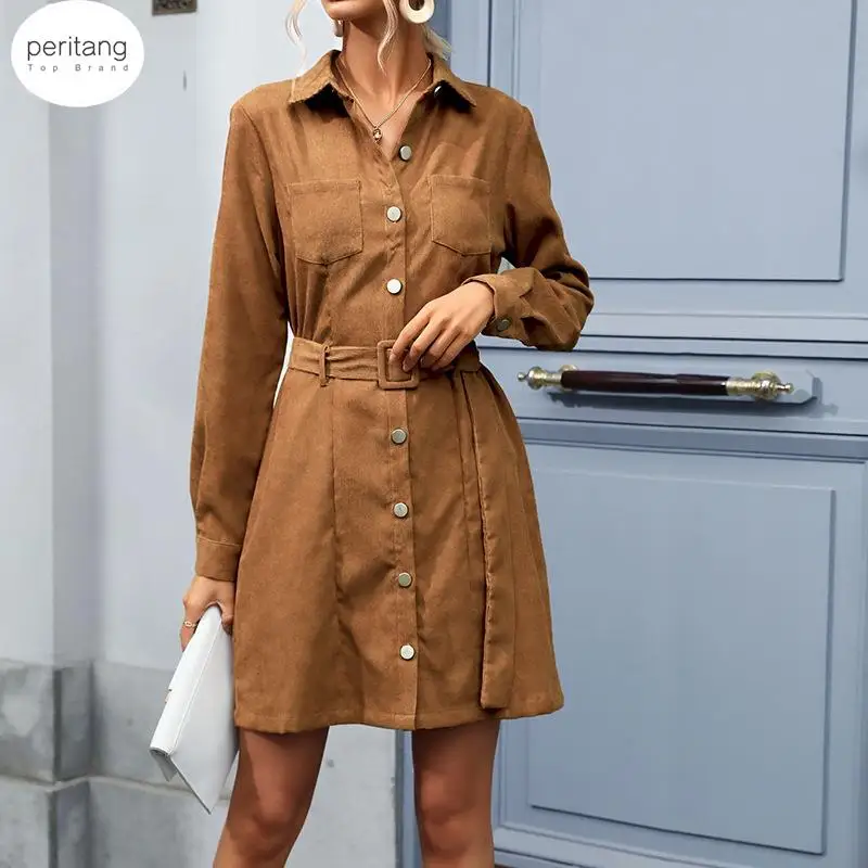 

PERITANG Shirt-Style Turn-Down Collar Long Sleeve Corduroy Dress Vestido Feminino Dresses For Women 2024 Autumn Winter