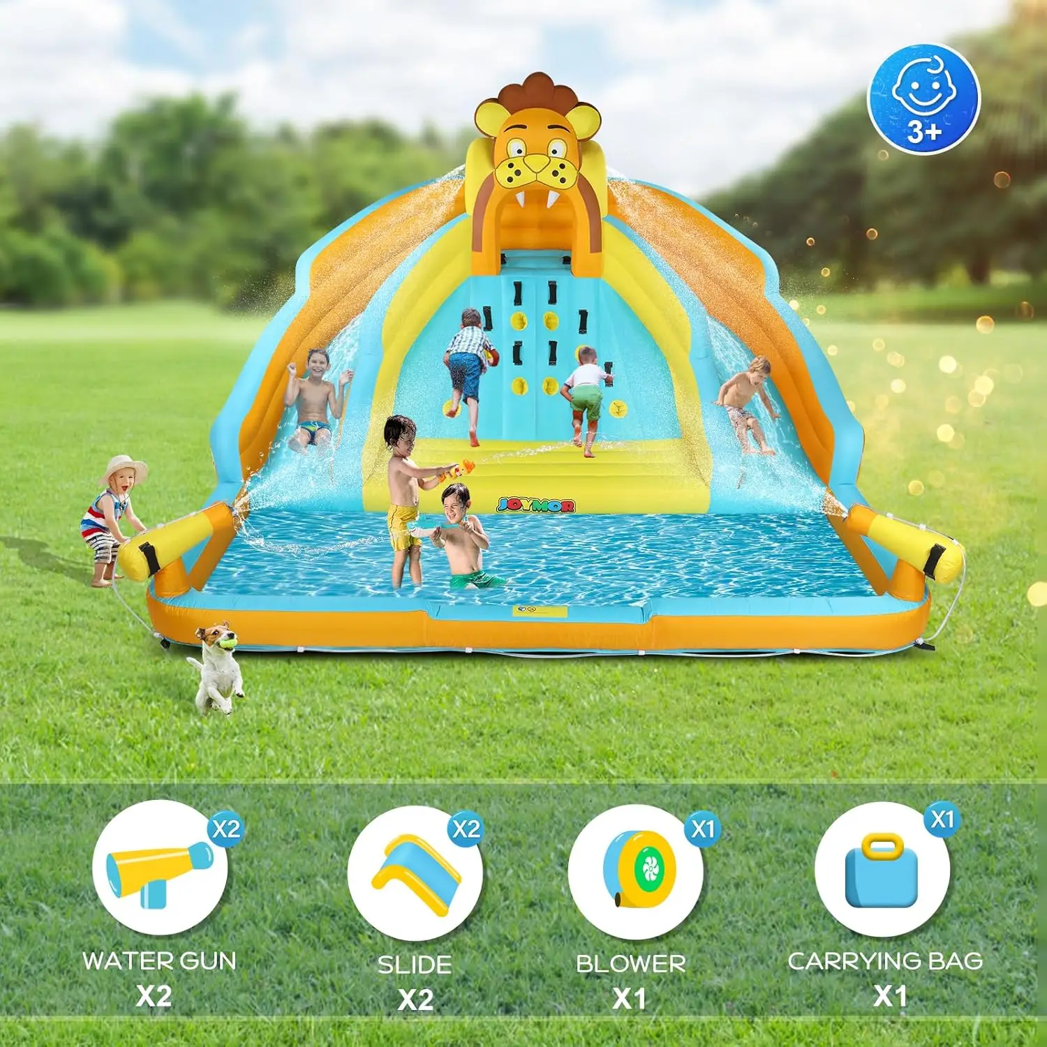 7-in-1 Inflatable Water Slides for Kids Backyard w/2 Slides, Large Climbing Wall, Water Cannons, Sprinklers, 30s Blow Up Water S