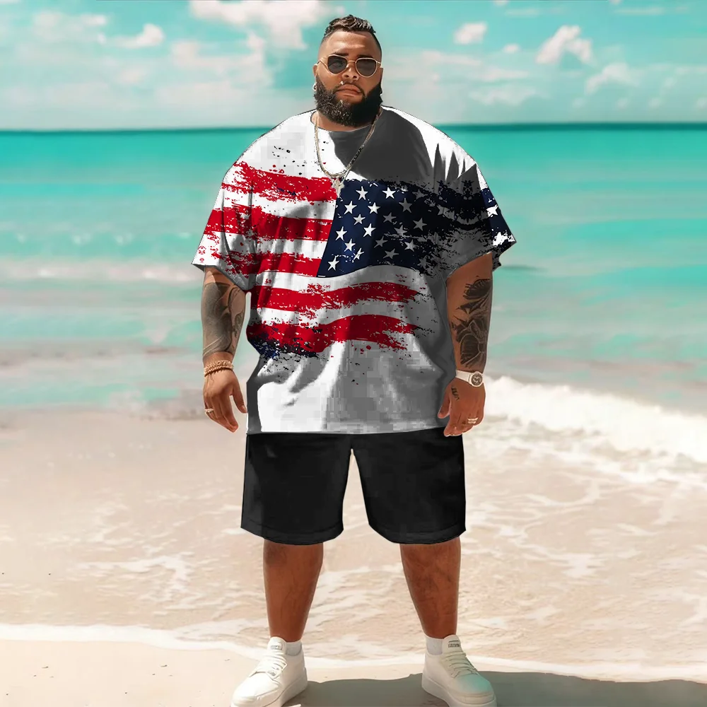 

S-9xl plus size Big & Tall Short Sleeve Set (Flag Element): - Durable Lightweight Material, Stylish Flag Print Details,