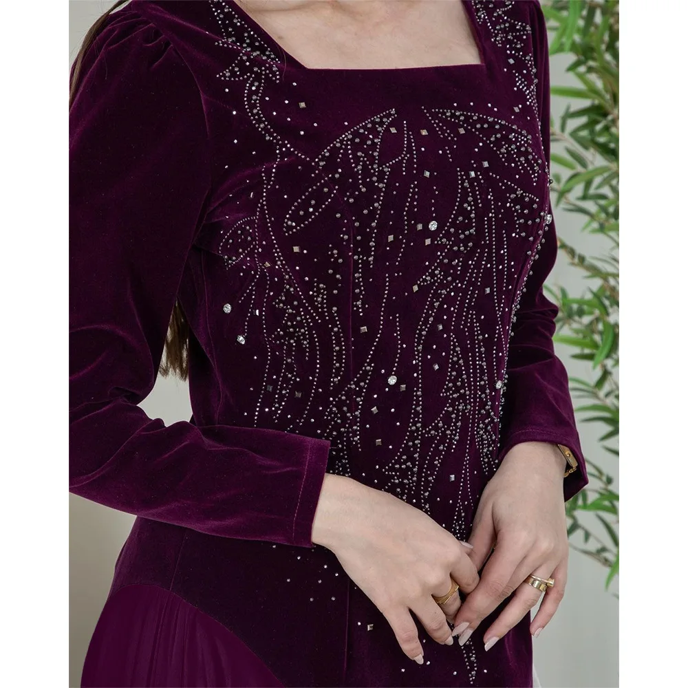 Winter Fashion Velvet Dress Muslim Women Square Neck Long Sleeve High Waist Pleated Long Dress Elegant Dress Women