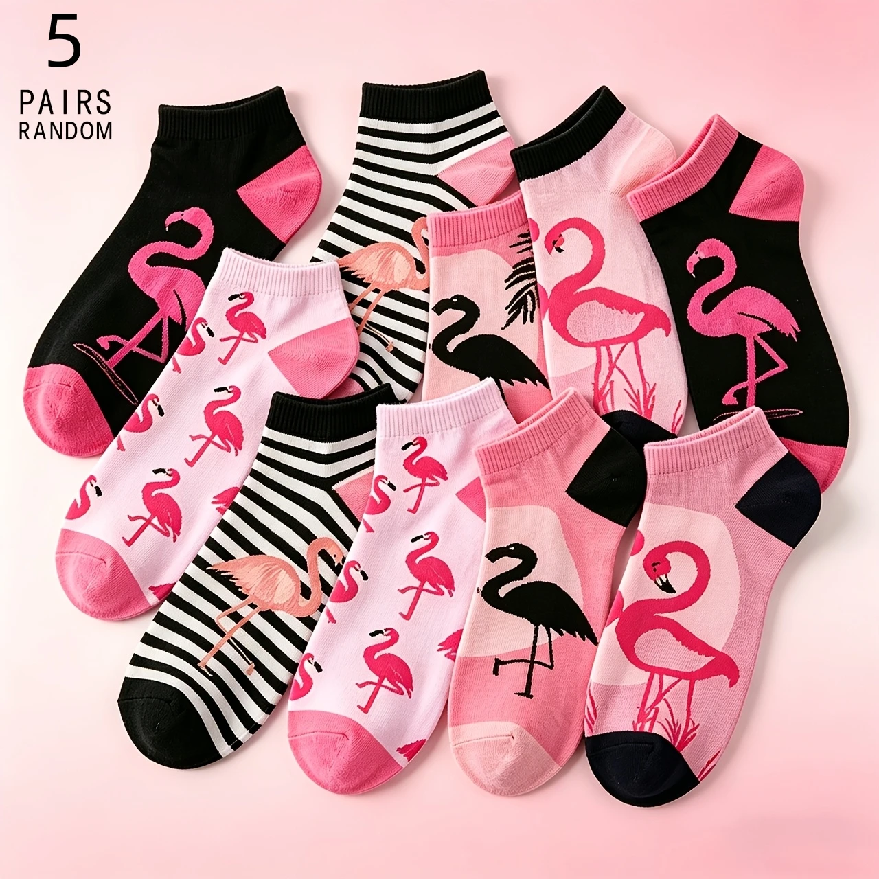 5-Pair Spring/Summer Women's Color Blocked Personalized Creative Fashion Flamingo Versatile Soft Comfortable Casual Socks