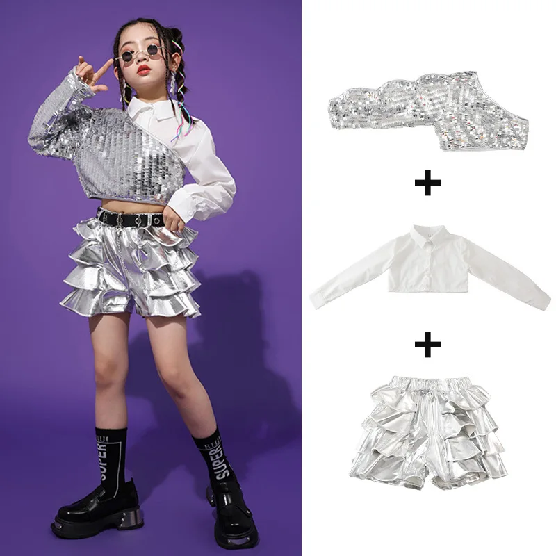 

Kids Jazz Sequins Silver Shorts Clothes Sets Girls Hip Hop Crop Top Sleeves Outfits Child Streetwear Street Dance Stage Costume