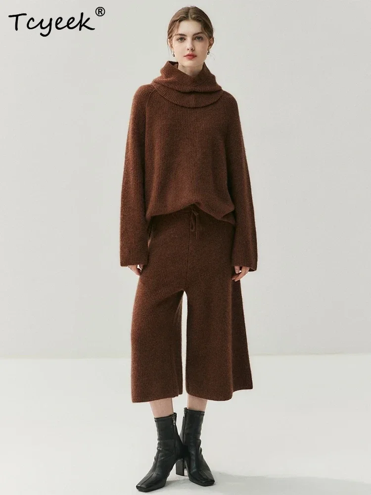 Autumn Winter Womens Sweater Suit Pullover Pants 100% Cashmere Sweater Loose Set Hats O-Neck Raglan Sleeves Straight Capri Pants