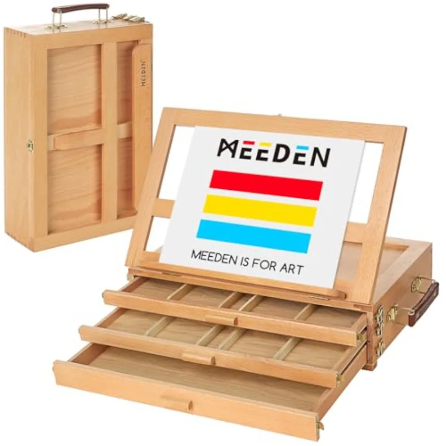 

Large Adjustable Artist Tabletop Sketchbox Easel- Multi-Function Solid Beech Wood Storage Box Easel with 3-Drawer for Artist, A